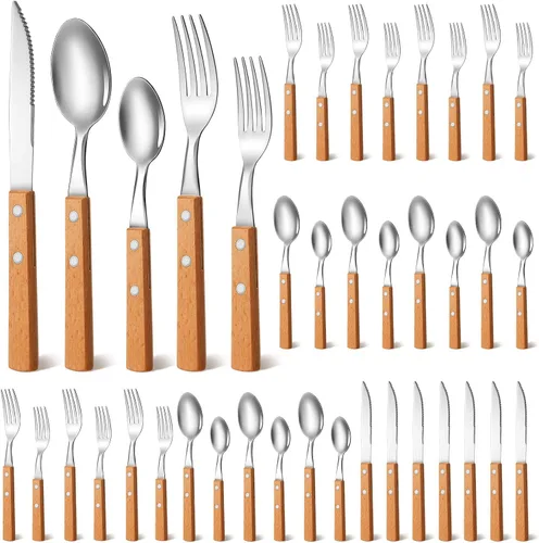 Miniatura 8 de Juego de cubiertos con mango de madera, 40 piezas, mango de nogal, 18/8 (304), acero inoxidable, mango de madera, cuchillo, tenedor, cuchara