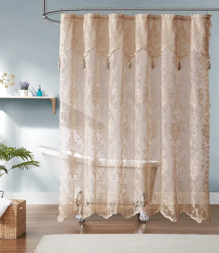 Miniatura 8 de Warm Home Designs Cortina de Ducha para Cabina Negra de 36 x 72 Pulgadas con Cenefa Adjunta y 4 Borlas. Cortina de Ducha Pequeña de Encaje de Lujo