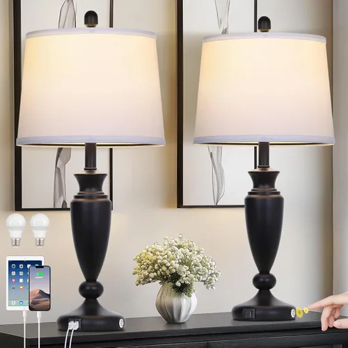 Miniatura 11 de Rinweey Lámpara de mesa negra de 27 pulgadas, lámpara de sala de estar con control táctil de 3 vías con puertos USB A+C, moderna lámpara de noche