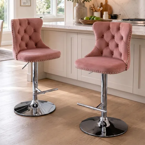 Miniatura 31 de SoarFlash Juego de 2 taburetes de bar tapizados de terciopelo moderno con patas de madera, botones acolchados, cabeza de clavo cromada, asiento