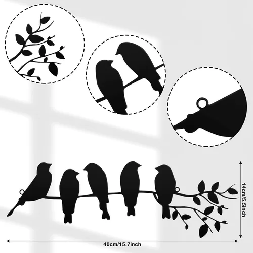 Miniatura 2 de Ferraycle Arte de pared de pájaro de metal, pájaros en rama con hojas, letrero de metal para colgar en la pared para balcón, jardín, decoración