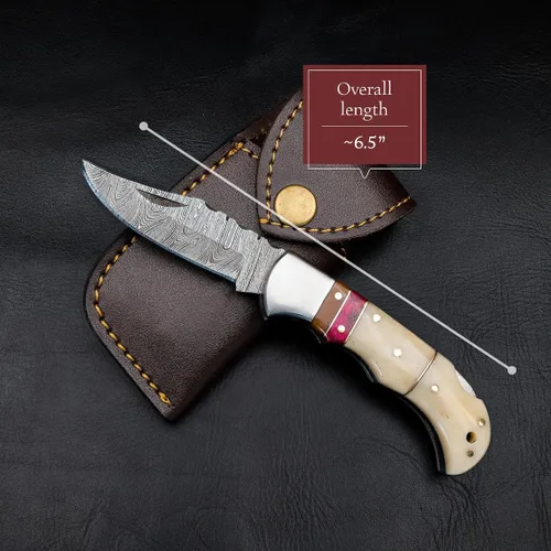 Miniatura 4 de Cuchillo de bolsillo de hueso de camello de acero damascus para hombres, regalos plegables de cuchillo de hoja para él, cuchillos hechos a mano