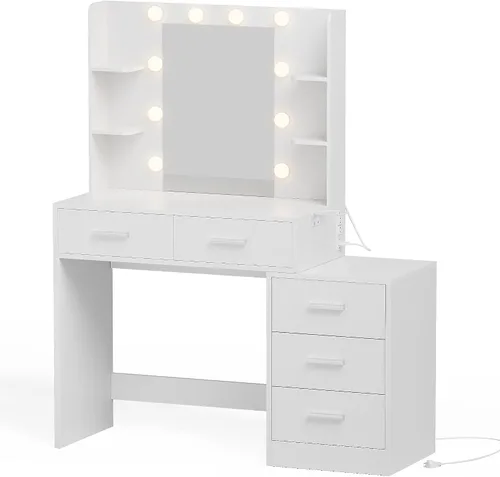 Miniatura 8 de YESHOMY Escritorio de maquillaje con espejo y luces, mesa de tocador con 5 cajones, 6 estantes, estación de carga para dormitorio, vestidor, blanco