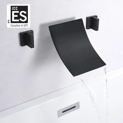 Miniatura 2 de SUMERAIN Grifo de bañera de montaje en pared Llenador de bañera de cascada negro mate de alto flujo