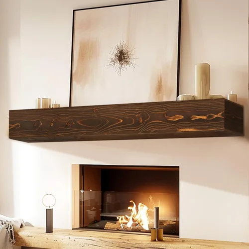 Miniatura 50 de Repisa de chimenea de 48 pulgadas, madera maciza rústica hecha a mano de 3 pulgadas de grosor, estante flotante largo de pared con soporte de metal