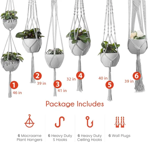 Miniatura 6 de Feedee Ganchos de macramé para plantas, paquete de 6, color negro, interior/exterior, algodón