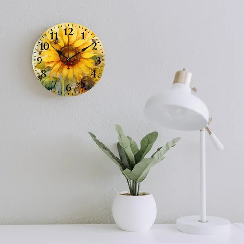 Miniatura 6 de Relojes de pared de 16 pulgadas, girasol con abejas y hojas, movimiento de cuarzo decorativo de madera, número arábigo, mariposa, girasol, reloj