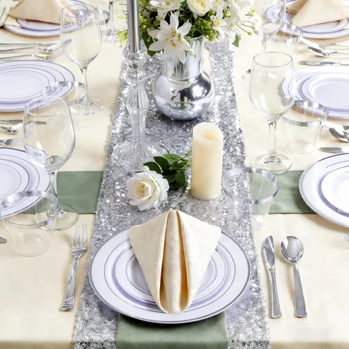 Miniatura 5 de GATHER 350 platos de plástico plateado, platos desechables blancos y plateados para 50 invitados, incluye 100 platos, 50 servilletas, 150 cubiertos