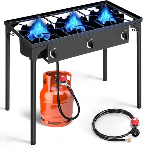 Miniatura 9 de Outvita Estufa de camping de gas portátil de 75,000 BTU, quemador de propano para exteriores con regulador de 20 psi, cocinilla individual de alta