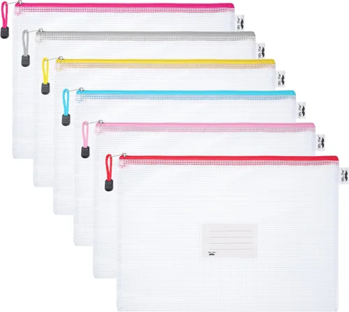 Mr. Pen - Bolsa de malla de plástico con cremallera y bolsillo para etiquetas, A4, paquete de 6, bolsa grande con cremallera de malla, grande,