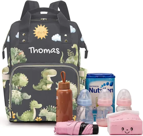 Miniatura 14 de Linda bolsa de pañales personalizada de dinosaurio tropical de gran capacidad para bebé, niño y niña, impermeable, con nombre personalizado, mochila