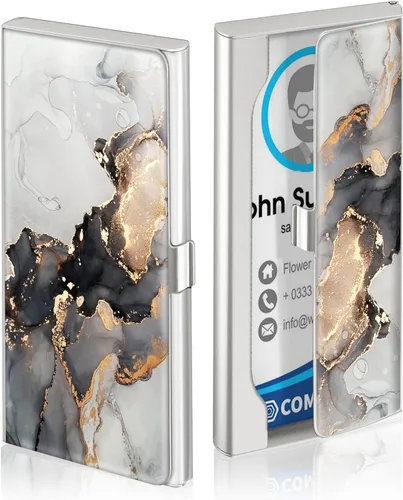 Miniatura 2 de Swooflia Funda de metal para tarjetas de visita para mujeres y hombres, Gris Mármol, Minimalista