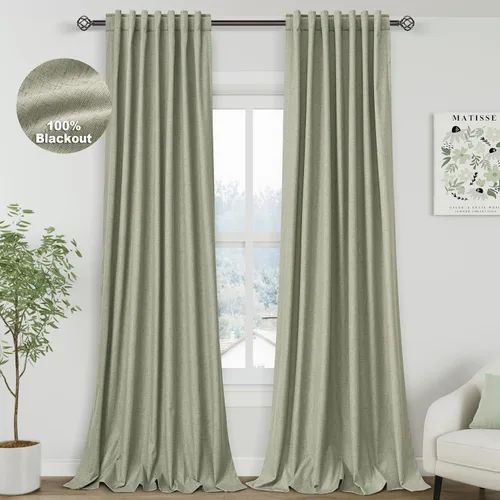 Miniatura 65 de Cortinas de lino 100% opacas para dormitorio, 102 pulgadas de largo, con pestaña trasera, bolsillo para barra, paneles acústicos con aislamiento