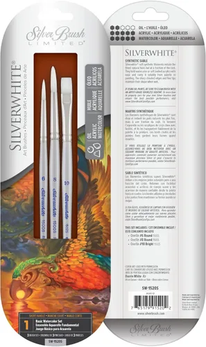 Silver Brush Limited SW-1520S - Juego de acuarela básica para pintura de acuarela, juego de 3, pinceles redondos #10 brillantes, #6 y #8, mango corto