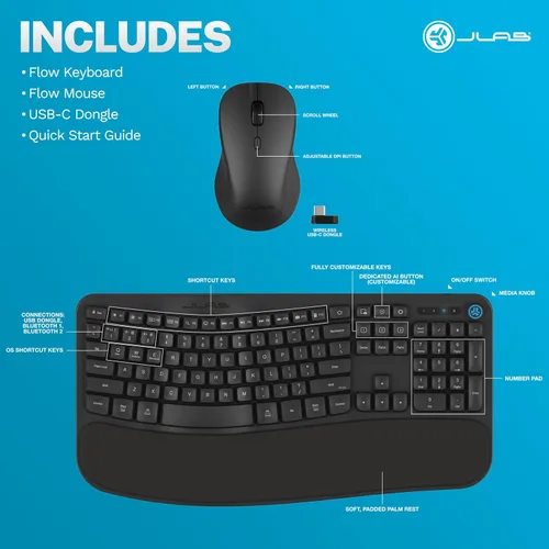 Miniatura 7 de JLab Flow - Paquete de teclado y mouse, Bluetooth inalámbrico o USB-C, botón AI, perilla de medios inteligentes, mouse ambidiestro, negro
