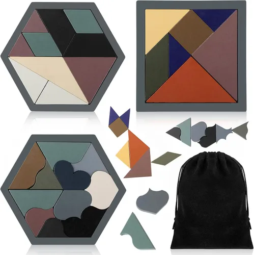 Miniatura 10 de Yunsailing Paquete de 3 rompecabezas grandes de madera hexagonal Tangram rompecabezas de madera rusa para adultos desafío teasers geométrico, lógica