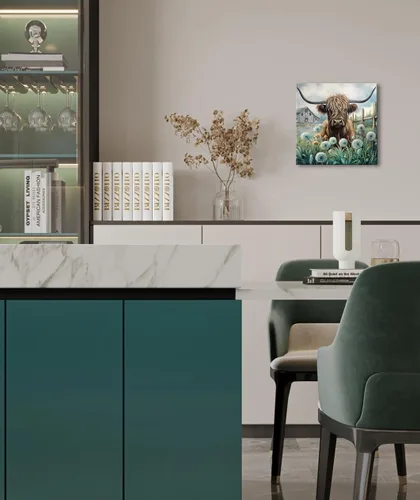 Miniatura 4 de YUEYARIT Decoración de pared de vaca de las tierras altas de granja en verde azulado y marrón: imagen rústica de vaca y diente de león, impresión