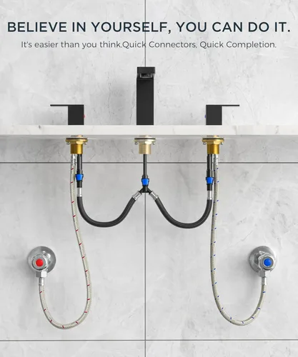 Miniatura 7 de FORIOUS Grifo de baño negro y dorado de 8 pulgadas de extensión amplia cuadrado, 2 manijas, grifos negros mate de 6 pulgadas para lavabo de baño, 3