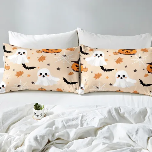 Miniatura 5 de Erosebridal Funda de edredón de calabaza con diseño de murciélagos para Halloween, juego de ropa de cama con sombrero de bruja, funda de edredón