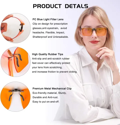 Miniatura 4 de FONHCOO Gafas de bloqueo de luz azul con clip, paquete de 2 gafas de juego para mujeres y hombres, lentes transparentes abatibles, lentes de luz