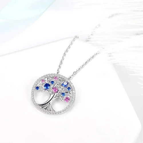 Miniatura 3 de Collar del árbol de la vida para ella, piedras natales de septiembre y octubre, zafiro azul, rosa, turmalina, joyería para mujer, joyería fina