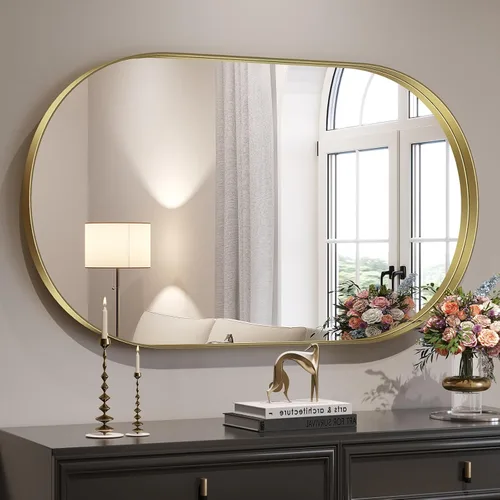 Miniatura 9 de Brightify - Espejo ovalado dorado para tocador de baño de 20x30 pulgadas, espejos de marco de metal dorado para pared, espejo moderno