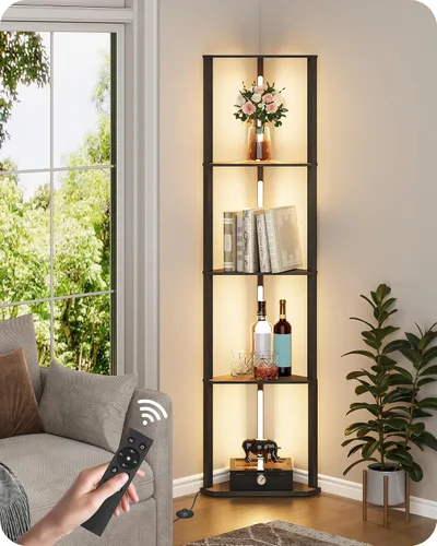 Miniatura 12 de Estante de exhibición de 64.2 pulgadas con luz, lámpara de pie de esquina moderna con estantes, lámpara de pie LED regulable con control remoto