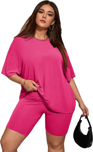 WDIRARA Conjunto deportivo de 2 piezas para mujer, de media manga, de gran tamaño, con pantalones cortos de motociclista