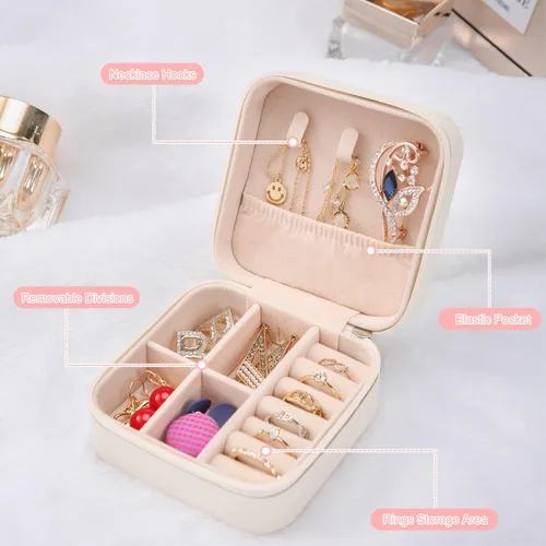 Miniatura 6 de XZUZ Pequeñas cajas de joyería de viaje, organizador de joyas portátil, cajas de almacenamiento para aretes, anillos, collares, cajas de joyería