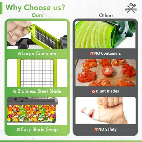 Miniatura 6 de Picador de verduras 16 en 1 con contenedor, picador de verduras y picador de alimentos, cortador de cebolla y verduras con 8 cuchillas de acero Verde