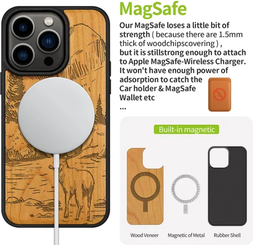 Miniatura 5 de Carveit Funda magnética de madera para iPhone 14 Pro, madera natural y TPU suave negro, funda protectora a prueba de golpes, funda de madera única