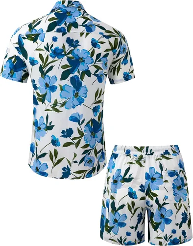 Miniatura 3 de Atwfo Conjunto de camisa hawaiana y pantalón corto para hombre, conjunto de 2 piezas para vacaciones, casual, con botones, playa, trajes florales