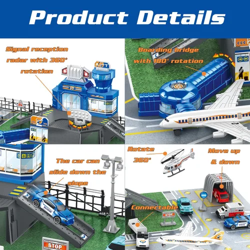 Miniatura 4 de Set de juguetes de avión con camiones, helicóptero, aviones, señales y alfombrilla de aeropuerto, juguetes interactivos de aprendizaje temprano