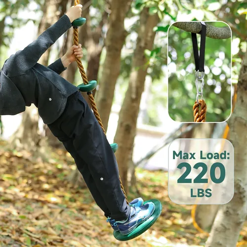 Miniatura 5 de Cuerda de escalada con plataformas y asiento de columpio de disco, accesorios para patio de recreo, incluye correa para colgar y mosquetón, columpio