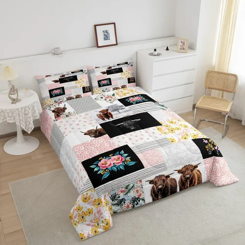 Miniatura 3 de Juego de ropa de cama de vaca de las tierras altas, edredón de ganado de las tierras altas, juego de edredón rosa floral de vaca occidental, juego