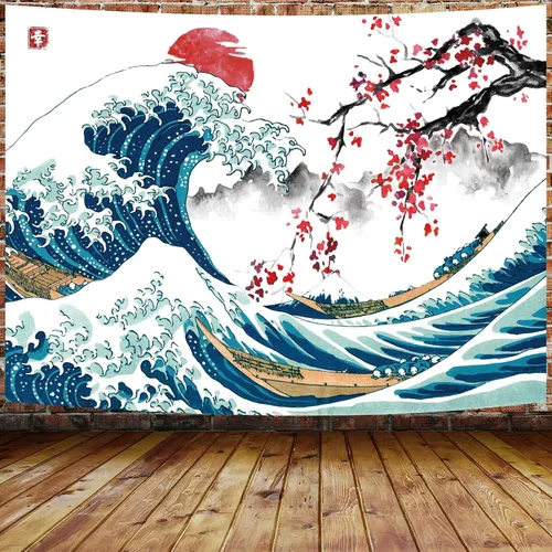 Miniatura 8 de MERCHR Tapiz de pared de flor de cerezo con sol rosa y rojo, olas del océano y escena de montaña, diseño de anime asiático para dormitorio, 60 x 40