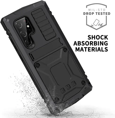 Miniatura 3 de Simicoo Funda de silicona compatible con Samsung S23 Ultra Metal Bumper con soporte protector de pantalla integrado Gorilla Glass híbrido militar a