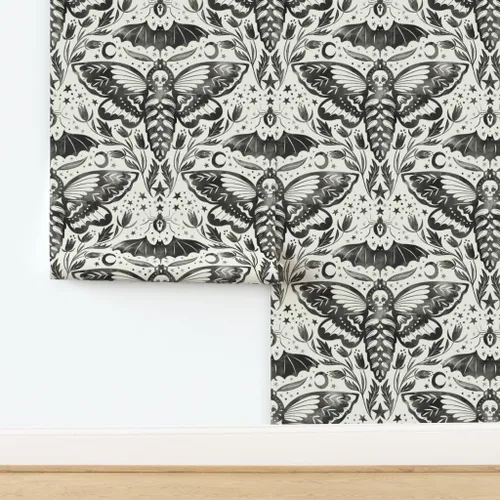 Miniatura 4 de Muestro de papel tapiz extraíble – Acuarela Cráneo Polilla Damasco Negro Blanco Flor Estrellas Elegante Tinta Magia Papel pintado personalizado