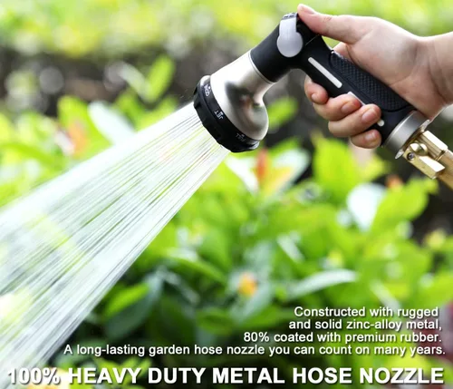 Miniatura 2 de ESOW Boquilla de manguera de jardín 100% metal resistente, rociador de manguera de agua con 8 patrones de riego, válvula de encendido y apagado