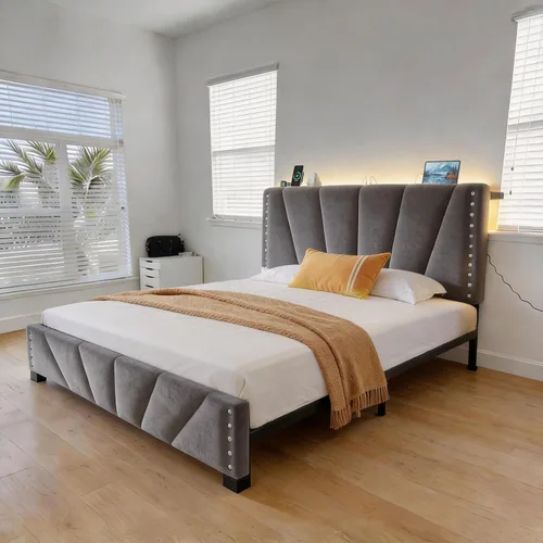 Miniatura 9 de EnHomee Base de cama de plataforma individual con cabecera ajustable tapizada de terciopelo, luces LED y estación de carga para dormitorio, Beige