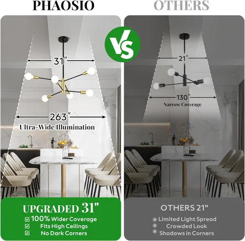 Miniatura 3 de Candelabros Sputnik Modernos para Comedor, Altura Ajustable Semi Empotrado Negro y Dorado Candelabro Lámpara de Techo Montaje 6 Luces Mediados