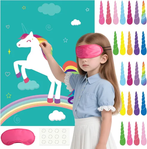 PLULON Pin The Horn On The Unicorn para juegos de fiesta de cumpleaños infantiles, suministros de fiesta de unicornio, regalos de decoración de