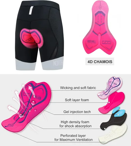Miniatura 4 de NORTHHILL Pantalones cortos de ciclismo acolchados para mujer, pantalones cortos de ciclismo de cintura alta con forro 4D acolchado de gel Spin