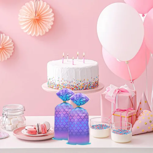Miniatura 4 de PENTA ANGEL 50 bolsas de regalo de fiesta de sirena, 50 unidades, de plástico, planas, celofán, dulces, golosinas, bolsas de panadería con 50 lazos