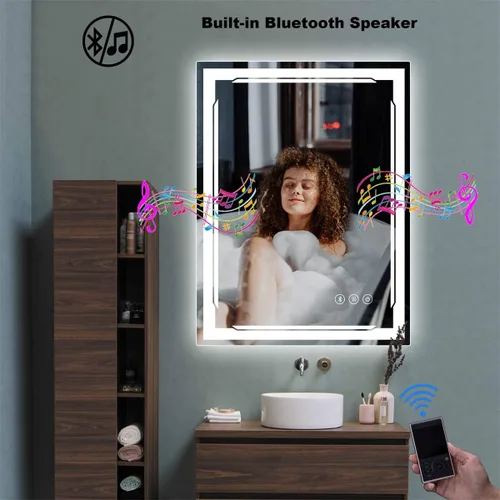 Miniatura 5 de Espejo de baño LED de 24 x 32 pulgadas con luces, altavoz Bluetooth integrado, antivaho regulable, 3 ajustes de luces retroiluminados + iluminación