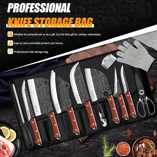 Miniatura 5 de MDHAND Juego de cuchillos de carnicero, 14 cuchillos de chef profesionales forjados a mano con bolsa de rollo, cuchillo afilado de carne y cuchillos
