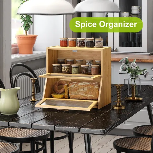 Miniatura 4 de BMOSU Panera grande de doble capa con tabla de cortar para encimera de cocina, panera con ventana de vidrio esmerilado de bambú (natural)