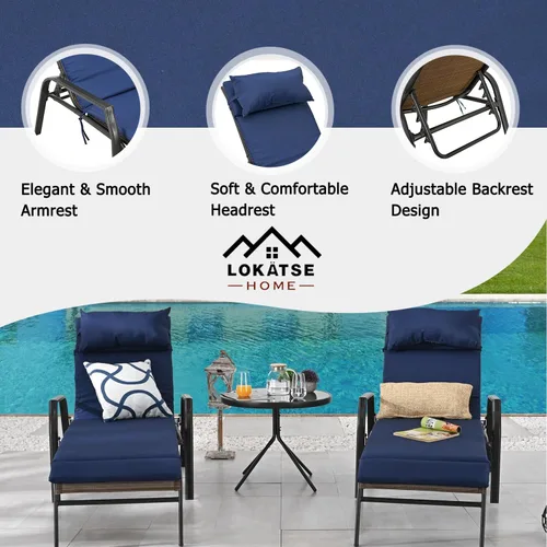 Miniatura 3 de LOKATSE HOME - Juego de camastros ajustables con mesa plegable, con cojines de color azul oscuro, para patio o exteriores (juego de 3 piezas)