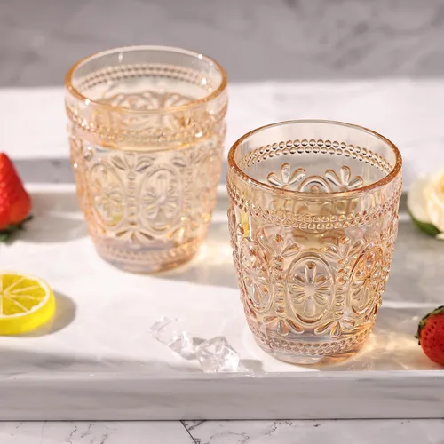 Miniatura 2 de abrwyy Juego de 4 vasos de vidrio ámbar vintage, vasos de vidrio resistentes de 9.5 onzas, vidrio antiguo, juego para fiestas, bodas, hogar