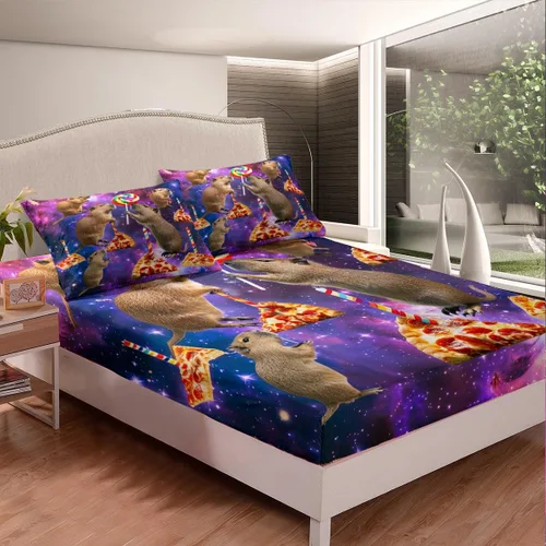 Miniatura 2 de Sábana bajera ajustable de Capybara de dibujos animados tamaño individual para niños, bonito juego de cama de Capybaras marrón para niños y niñas